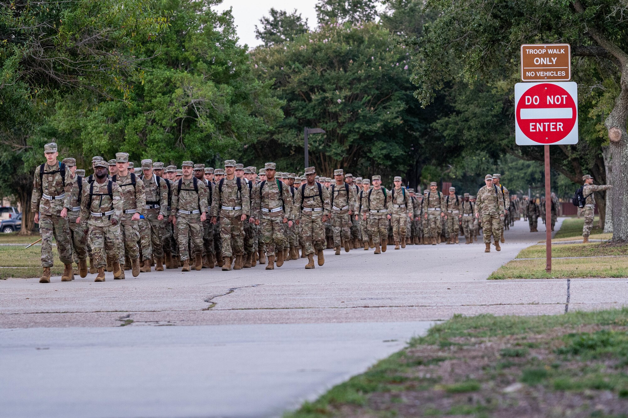 336th Training Squadron Airmen march to Thomson Hall for technical training classes on Keesler Air Force Base, Mississippi, Aug. 12, 2024.