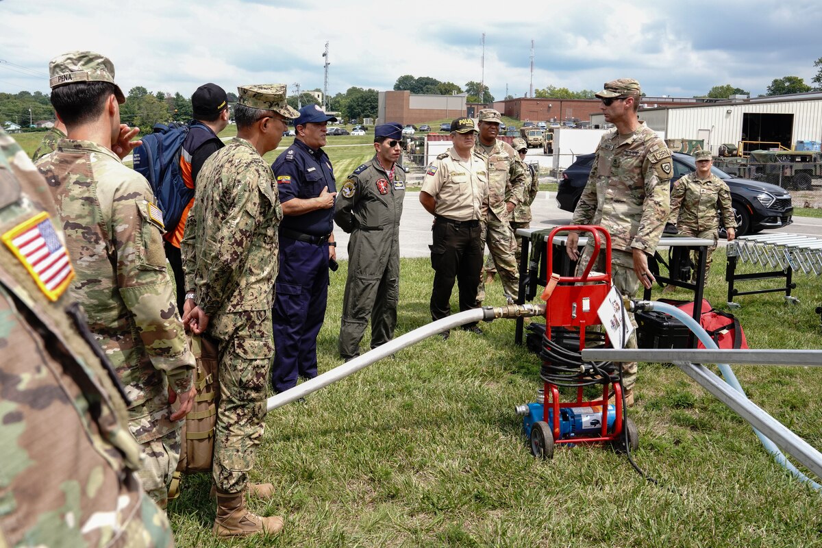 Kentucky National Guardsmen brief members of the Ecuadorian military and civilian partners on a Chemical, Biological, Radiological, Nuclear and high-yield Explosive Enhanced Response Force Package at Boone National Guard Center in Frankfort Aug. 7, 2024. The Kentucky Guard and Ecuador have been partners via the State Partnership Program since 1996.