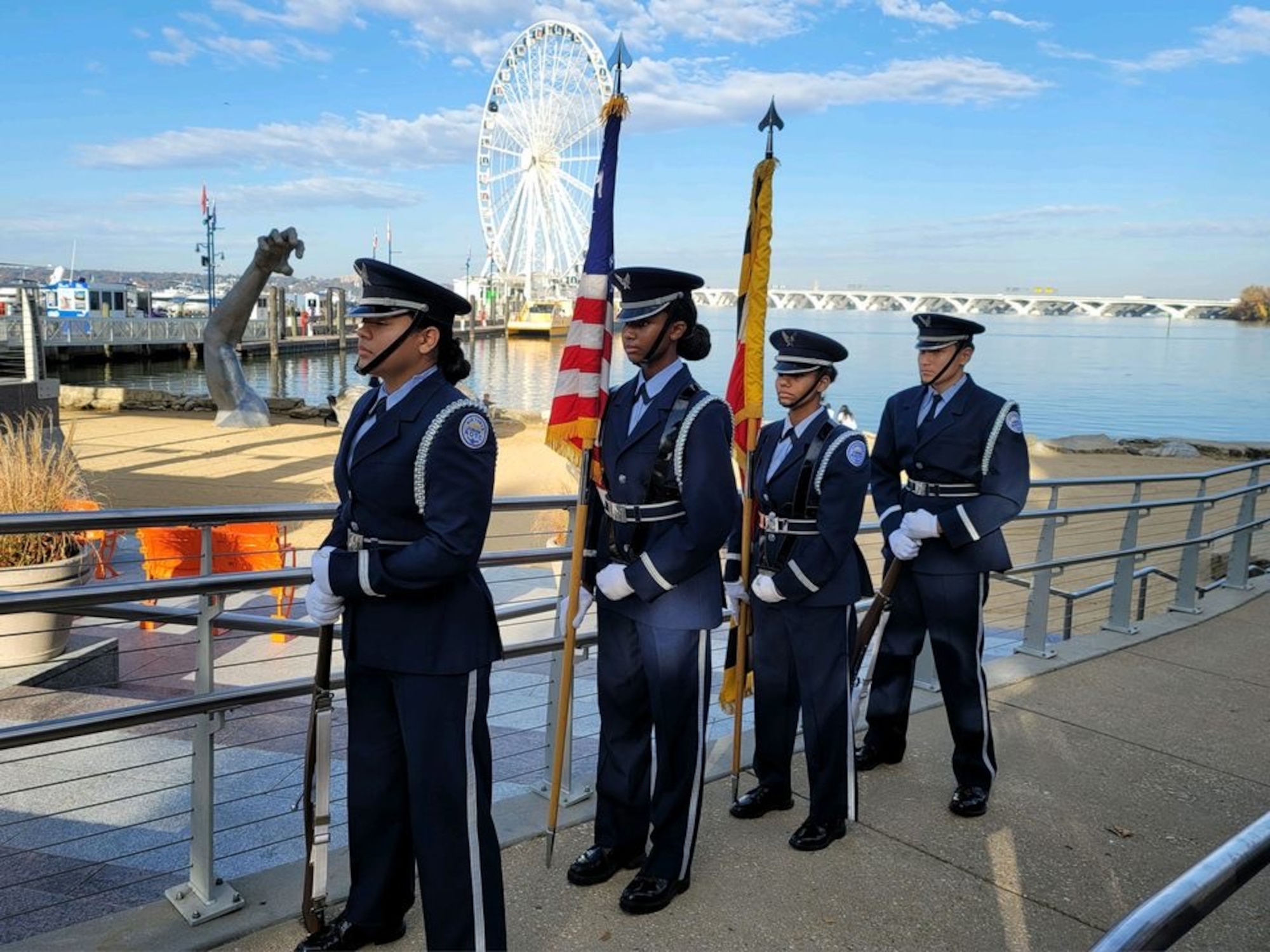 Cadet Aaliyah Jones with the Oxon Hill High School color guard at the National Harbor.