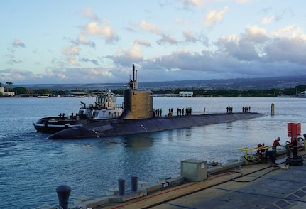 The Virginia-class fast-attack submarine USS Hawai’i (SSN 776) begins sea trials at Joint Base Pearl Harbor-Hickam, Hawai’i, July 12, 2024. Hawai’i began its maintenance period at Pearl Harbor Naval Shipyard and Intermediate Maintenance Facility Pearl Harbor in late 2021. Significant refurbishments of major components were performed due to periodicity requirements during a depot modernization period availability. Upgrades, inspections and repairs were conducted throughout the submarine. For almost two years, maintenance crews worked in the dry dock, then Hawai’i was moved pier-side where the remaining work was completed. Prior to being certified as seaworthy and ready to return to the fleet, the submarine will be taken out on sea trials for testing. PHNSY & IMF is the largest, most comprehensive fleet repair and maintenance facility between the U.S. West Coast and the Far East and provides a capable, ready and "Fit to Fight" fleet. (U.S. Navy photo by Justice Vannatta)