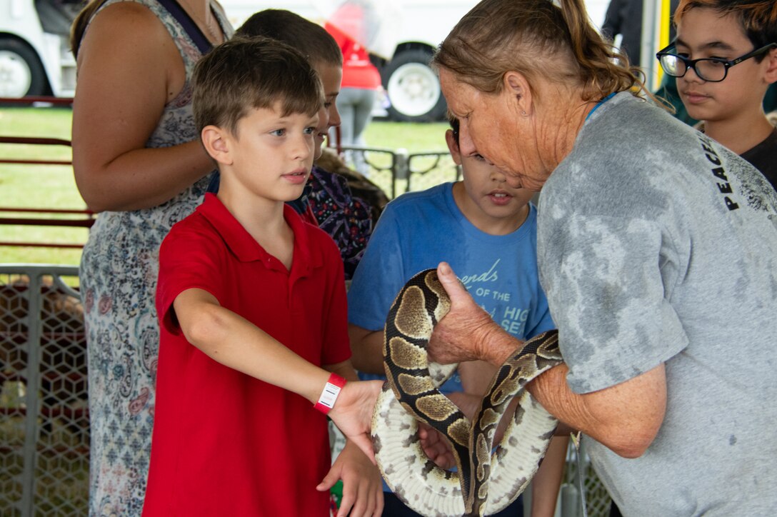 A boy in a red shirt pets a black and tan snake.