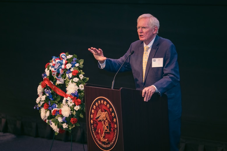 Francis West Jr., former Assistant Secretary of Defense for International Security Affairs, speaks during the Combined Action Program Monument Dedication Ceremony at the National Museum of the Marine Corps, Triangle, Virginia, Aug. 8, 2024. The CAP was a U.S. Marine Corps initiative during the Vietnam War designed to integrate American troops with local Vietnamese forces and civilians to provide security, support, and stability in rural areas. (U.S. Marine Corps photo by Lance Cpl. Ethan Miller)