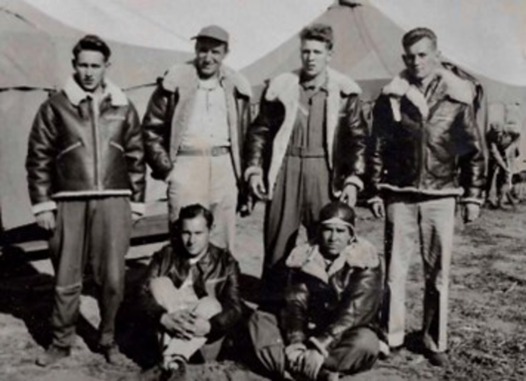 U.S. Army Air Forces Tech. Sgt. Harold L. Seifreid, second from the left, first row, 436th Bombardment Squadron radio operator, poses for a picture with his crew members. Seifried, an East Hartford, Connecticut native, joined the service in 1942 as a member of the 436th BS after graduating from East Hartford High School. (Courtesy Photo)