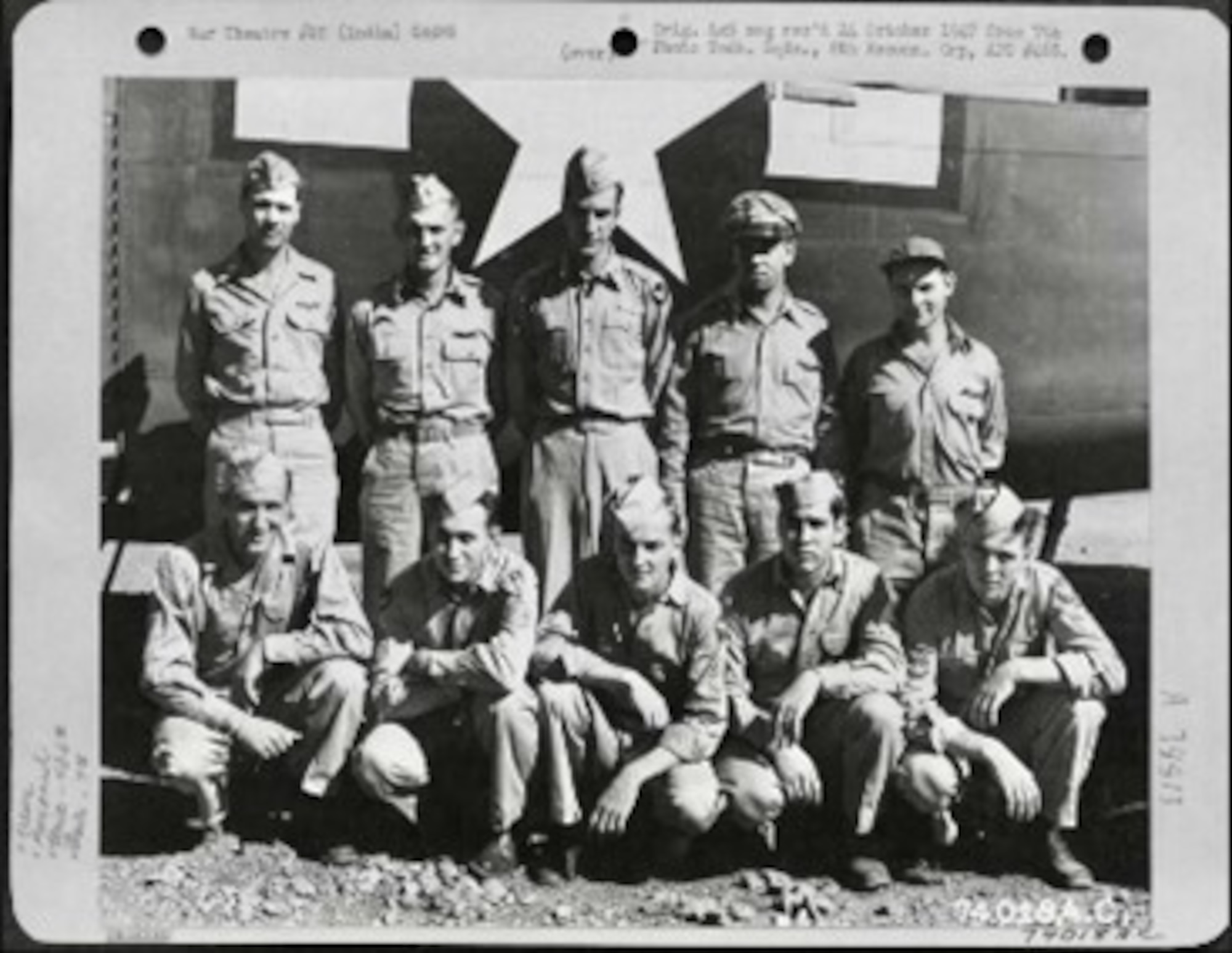 U.S. Army Air Forces 2nd Lt. John E. McLauchlen Jr., second from the left, first row, 436th Bombardment Squadron pilot, poses for a picture with his crew members. McLauchlen was interred at Fort Leavenworth National Cemetery, Fort Leavenworth, Kansas, in July 2024, after being identified through DNA analysis. (Courtesy Photo)