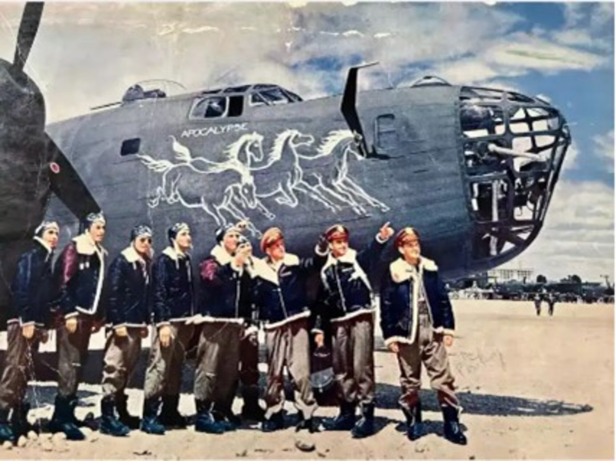 U.S. Army Air Forces 2nd Lt. John E. McLauchlen Jr., 436th Bombardment Squadron pilot, Tech. Sgt. Harold L. Seifreid, 436th Bombardment Squadron radio operator, Staff Sgt. Frank J. Tedone, 436th Bombardment Squadron gunner, and the rest of their crew pose in front of the B-24J Liberator named “Apocalypse”. The Apocalypse was shot down in 1943, while on a bombing mission from Panagarh, India, to the Insein Railroad Yard north of Rangoon, Burma. (Courtesy Photo)