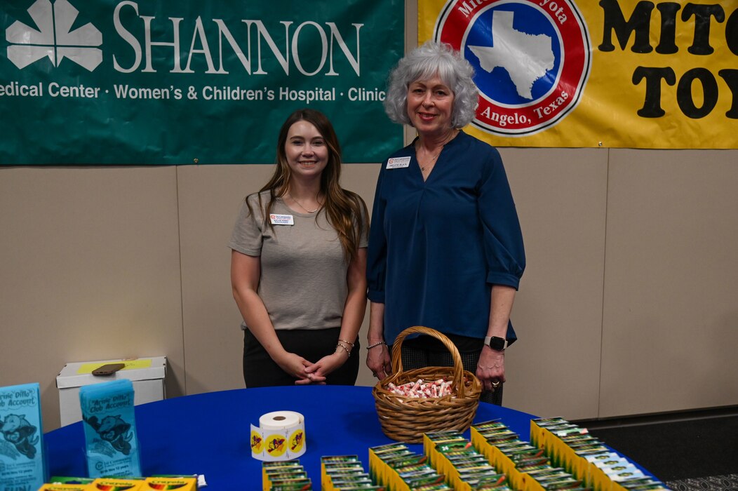 Kellie Perry and Shelene Black, volunteers from the local community, stand for a photo at the Back-To-School Brigade, Goodfellow Air Force Base, Texas, Aug. 7th, 2024. Members of the 17th Training Wing and the San Angelo community volunteered to assist with the school supply distribution event as Goodfellow prepared to send off students for the new school year. (U.S. Air Force photo by Airman 1st Class James Salellas)