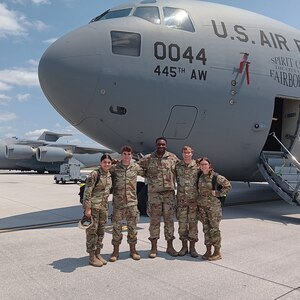 Five cadets from the Air Force Academy stopped by the 445th Airlift Wing July 26, 2024, and toured a C-17 Globemaster III. During the C-17 tour, the cadets met with a pilot, loadmaster and a maintenance officer and were able to ask questions not only about the C-17, but about what it’s like to serve in the Air Force Reserve. (U.S. Air Force photo by Stacy Vaughn)