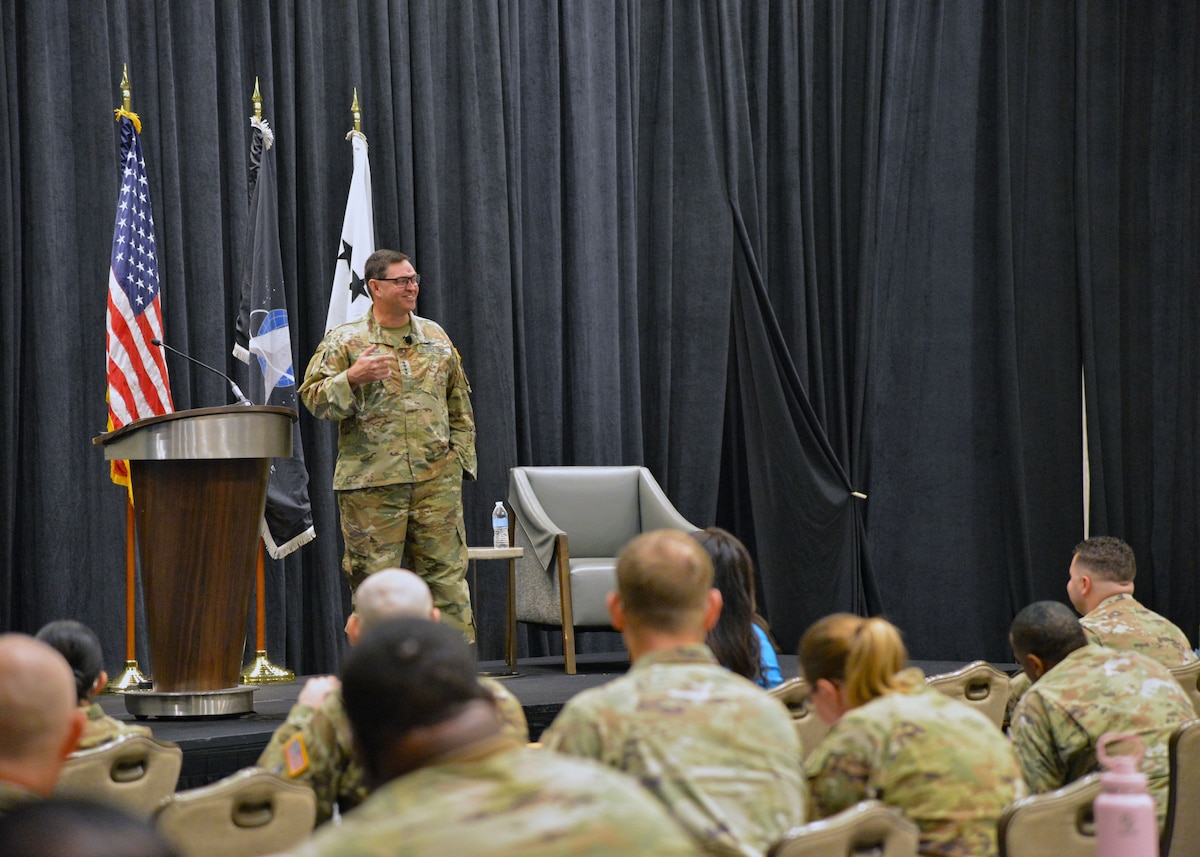 Chief of Space Operations Gen. Chance Saltzman addresses Guardians at the Space Force Guardians Conference in Houston, Texas, Aug. 11, 2024. Senior enlisted leaders gathered at the conference to discuss opportunities for Guardian development and to collaborate on initiatives and strategies that will strengthen capabilities in the space domain. (U.S. Air Force photo by 2nd Lt. Faith Powers)
