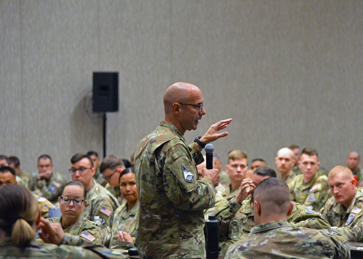 Chief Master Sgt. of the Space Force John Bentivegna addresses Guardians at the Space Force Guardians Conference in Houston, Texas, Aug. 10, 2024. Senior enlisted leaders gathered at the conference to discuss opportunities for Guardian development and to collaborate on initiatives and strategies that will strengthen capabilities in the space domain. (U.S. Air Force photo by 2nd Lt. Faith Powers)