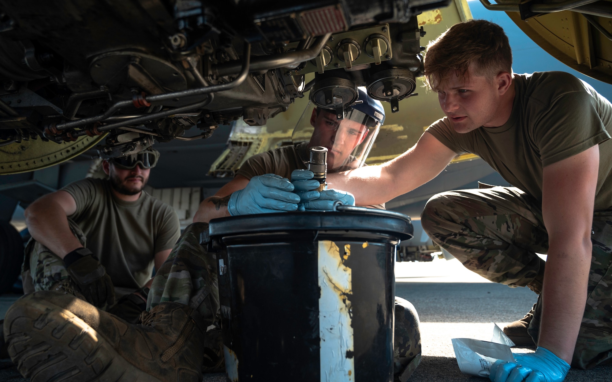 Crew chiefs assigned to the 6th Aircraft Maintenance Squadron prepare a KC-135 Stratotanker for flight at McClellan Airport in Sacramento, California, during Exercise Bamboo Eagle 24-3, Aug. 8, 2024. Maintenance Airmen from the 6th AMXS provide reliable mobile forces to generate, launch, and recover air refueling, combatant commander, and transient aircraft. During Bamboo Eagle, MAF assets will support warfighters implementing all-domain combat-power generation from disaggregated basing locations throughout the western part of the U.S., along with distributed command and control, agile logistics, and tactical air-to-air refueling. To achieve a more competitive posture, the DAF plans to implement major changes centered on how we develop people, generate readiness, project power and develop integrated capabilities. (U.S. Air Force photo by Tech. Sgt. Alexander Cook)