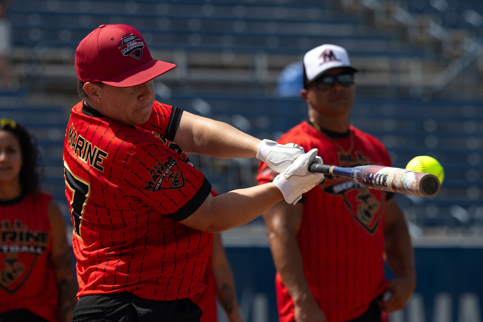 Marine Corps Capt. Amanda Vaudreuil hits the ball during the  home run derby competition at the start of the 2024 Armed Forces Men’s and Women’s Softball Championship hosted by USA Softball at the USA Softball National Hall of Fame Complex in Oklahoma City Aug 13, 2024. The 2024 Armed Forces Men’s and Women’s Softball Championship hosted by USA Softball at the USA Softball National Hall of Fame Complex from 13-19 August features Service members from the Army, Marine Corps, Navy, Air Force (with Space Force personnel) and Coast Guard.  Teams will battle it out for gold. (DoD photo by EJ Hersom)