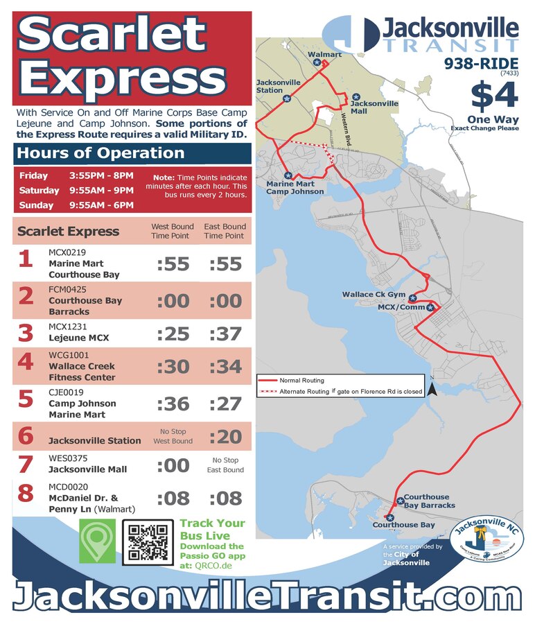 Scarlett Express Bus Route Schedule, Jacksonville, North Carolina.