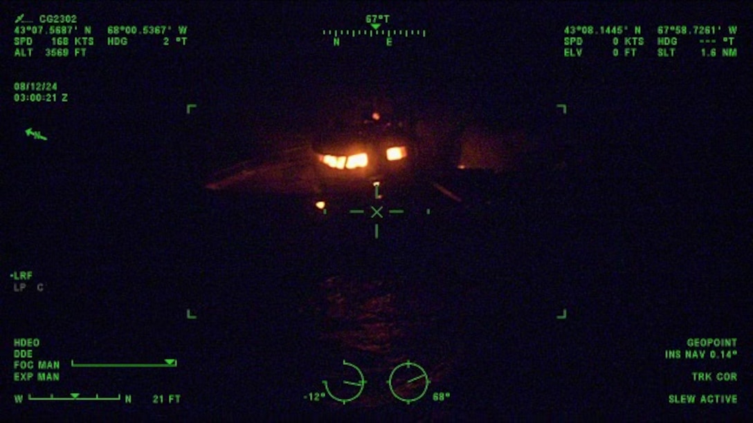 The U.S. Coast Guard rescued six people after a boat fire on the fishing vessel Three Girls led to them abandoning ship 105 nautical miles east of Portsmouth, New Hampshire, Aug. 11, 2024. The following morning, the six people rescued were safely transferred to a pier in South Portland, Maine. (U.S. Coast Guard Courtesy Photo)