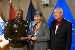 Kushiang “Joan” Shiau, her husband and DLA Troop Support Commander Army Brig. Gen. Landis Maddox during Shiau’s retirement from DLA Troop Support on July 25 in Philadelphia. Photo by Ed Maldonado