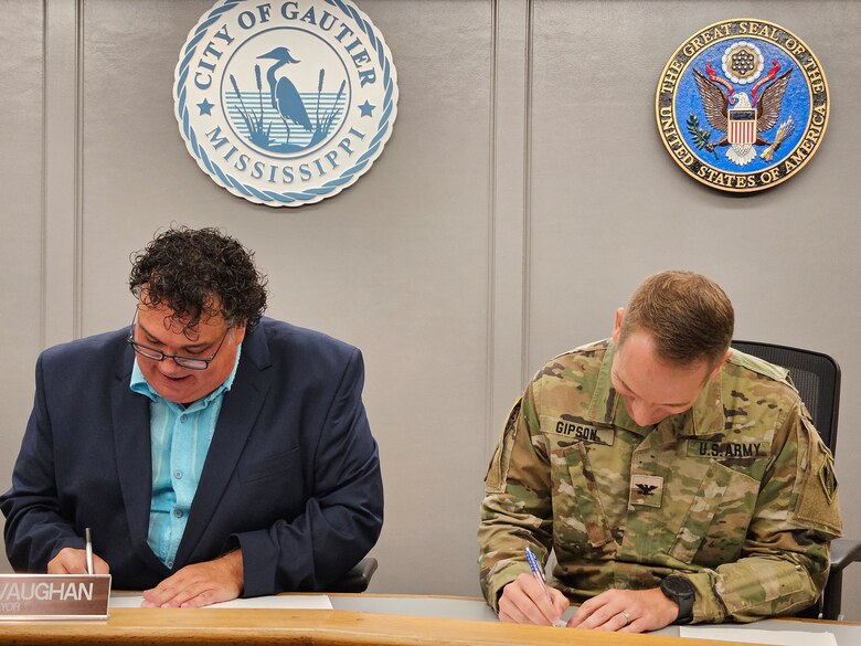 VICKSBURG, Miss. – On August 13, 2024, the U.S. Army Corps of Engineers (USACE) Vicksburg District signed a Project Partnership Agreement (PPA) with the City of Gautier, Mississippi, under the Mississippi Environmental Infrastructure Program (Section 592).

Gautier Mayor Casey Vaughan and Col. Jeremiah Gipson, Vicksburg District commander, formalized the agreement at Gautier City Hall.