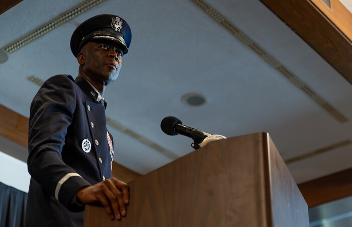U.S. Space Force Brig. Gen. Jacob Middleton, U.S. Space Forces Europe – Space Forces Africa commander, speaks at the SPACEFOREUR-AF Change of Command ceremony at Ramstein Air Base, Germany, Aug. 13, 2024. SPACEFOREUR-AF is the U.S. Space Force component field command charged with supporting both U.S. European Command and U.S. Africa Command, encompassing 51 countries in Europe and 53 countries in Africa. (U.S. Air Force photo by Senior Airman Edgar Grimaldo)