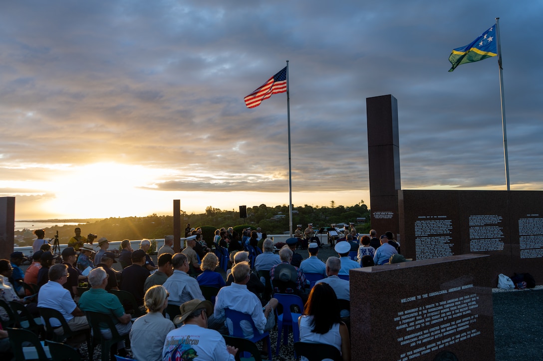 Multinational servicemembers, veterans, leaders of Solomon Islands’ government, members of the diplomatic community, and civilians, attend the 82nd Anniversary of the Battle of Guadalcanal Ceremony at the Guadalcanal American Memorial in Honiara, Solomon Islands, Aug. 7, 2024. The ceremony commemorated the 82nd anniversary of the battle, and served to honor the fallen and strengthen the U.S. relationship with the Solomon Islands and other Pacific allies and partners. The historic battle was codenamed Operation Watchtower and was the first major offensive and decisive victory for the allied forces in the Pacific theater. (U.S. Marine Corps photo by Gunnery Sgt. Kassie McDole)