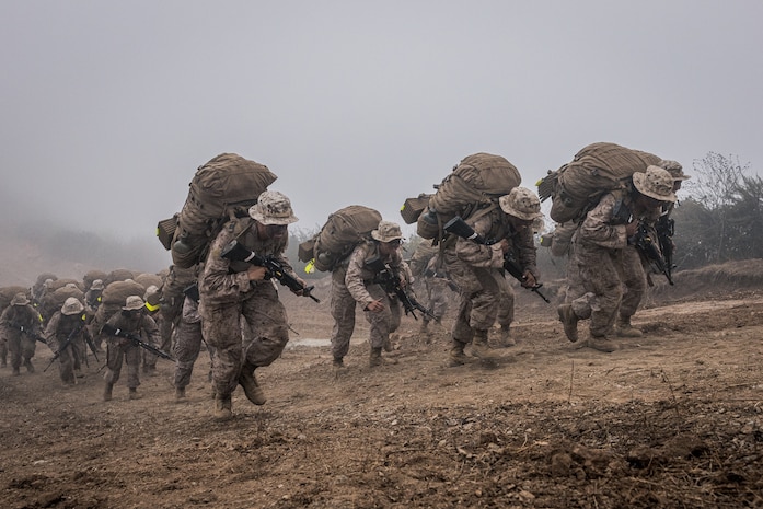 U.S. Marine Corps recruits with Alpha Company, 1st Recruit Training Battalion, hike the Reaper at Marine Corps Base Camp Pendleton, California, July 31, 2024. The Reaper hike is the last event recruits must complete before they earn the title of United States Marine (U.S. Marine Corps photo by Lance Cpl. Jacob B. Hutchinson)