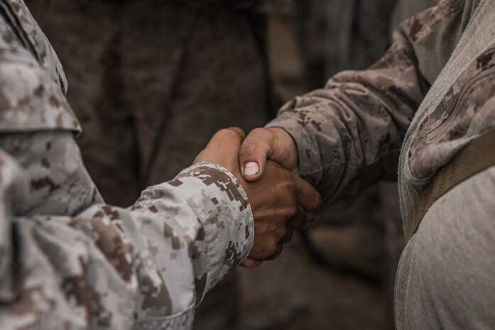 A newly formed U.S. Marine with Alpha Company, 1st Recruit Training Battalion, shakes the hand of a drill instructor after completing the Reaper hike at Marine Corps Base Camp Pendleton, California, July 31, 2024. The Reaper hike is the last event recruits must complete before they earn the title of United States Marine (U.S. Marine Corps photo by Lance Cpl. Jacob B. Hutchinson)