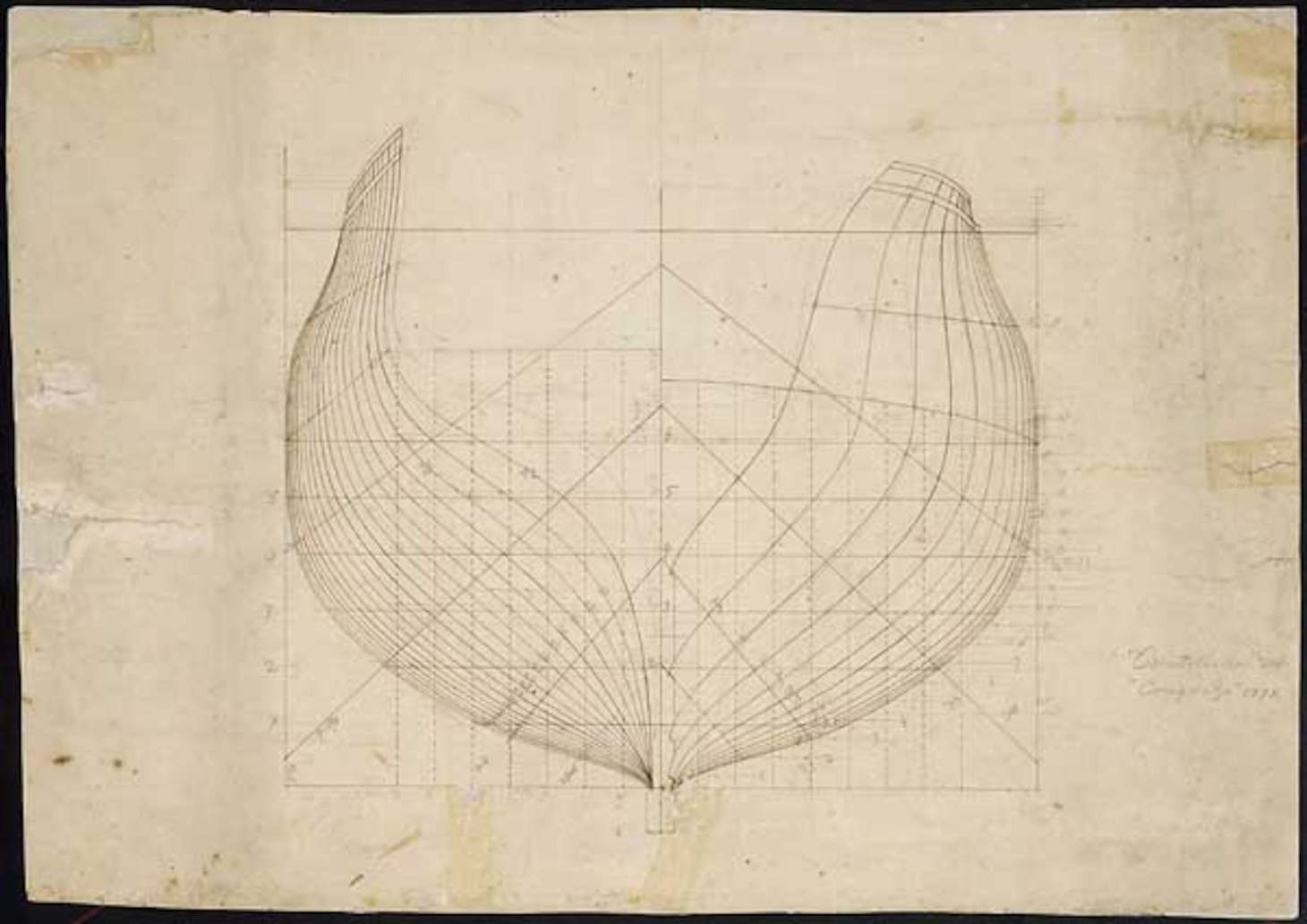 Half-breadth plan by Josiah Fox of USS Congress and USS Constellation, 1795; National Archives and Records Administrations, Records of the Bureau of Ships.