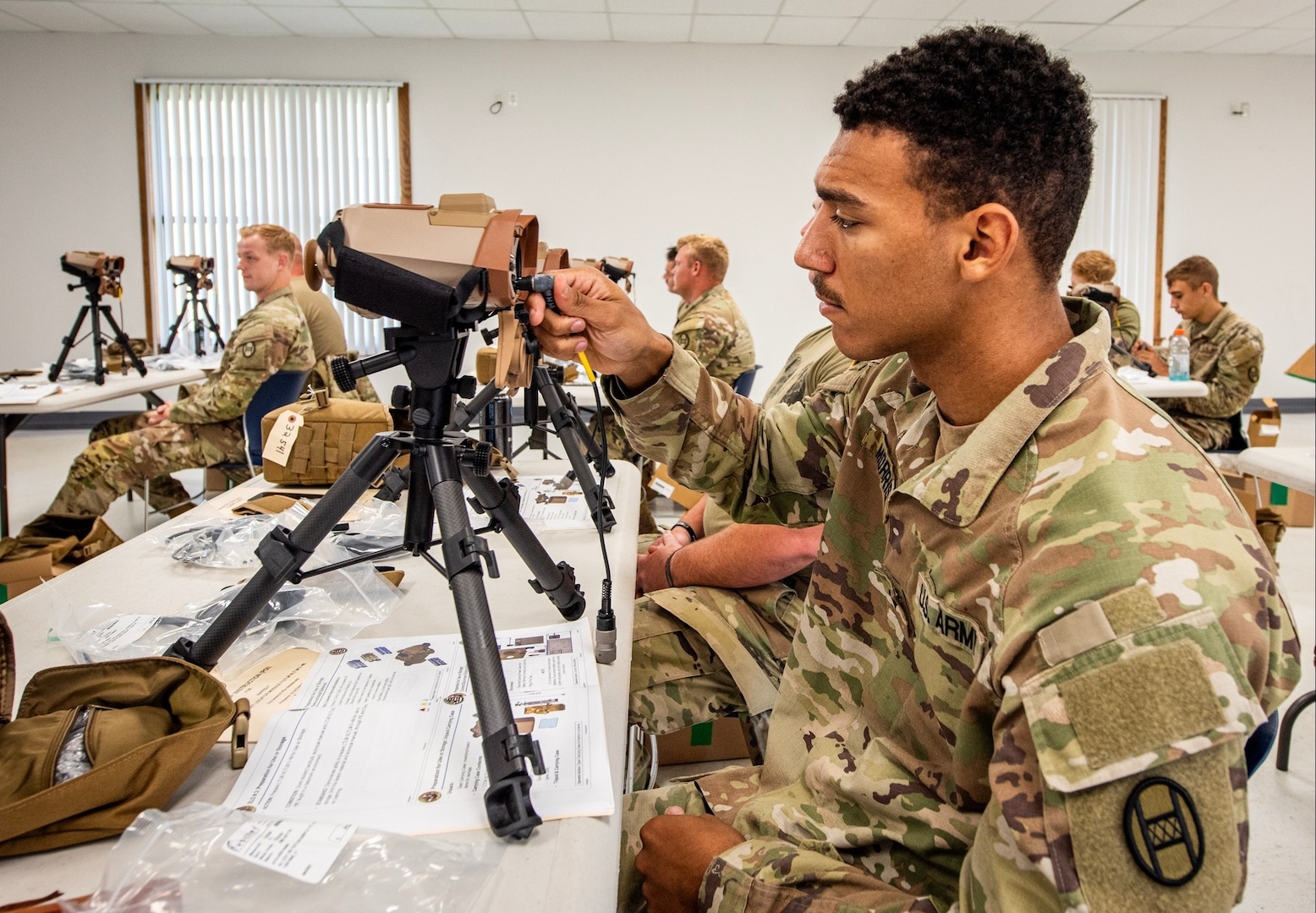 Soldiers with 1st and 4th Battalion, 118th Infantry Battalion, 218th Maneuver Enhancement Brigade, South Carolina Army National Guard, train on the Laser Target Locator Module II, Aug.9-11, 2024, in Columbia, S.C.