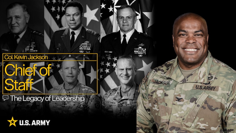 Col. Kevin Jackson, Chief of Staff, V Corps, is pictured alongside former commanders who have shaped the Corps' legacy. This illustration was created using Adobe Photoshop, with added yellow box and text to emphasize Jackson's role in continuing the Corps' historic leadership. (U.S. Army illustration by Tyler Brock)