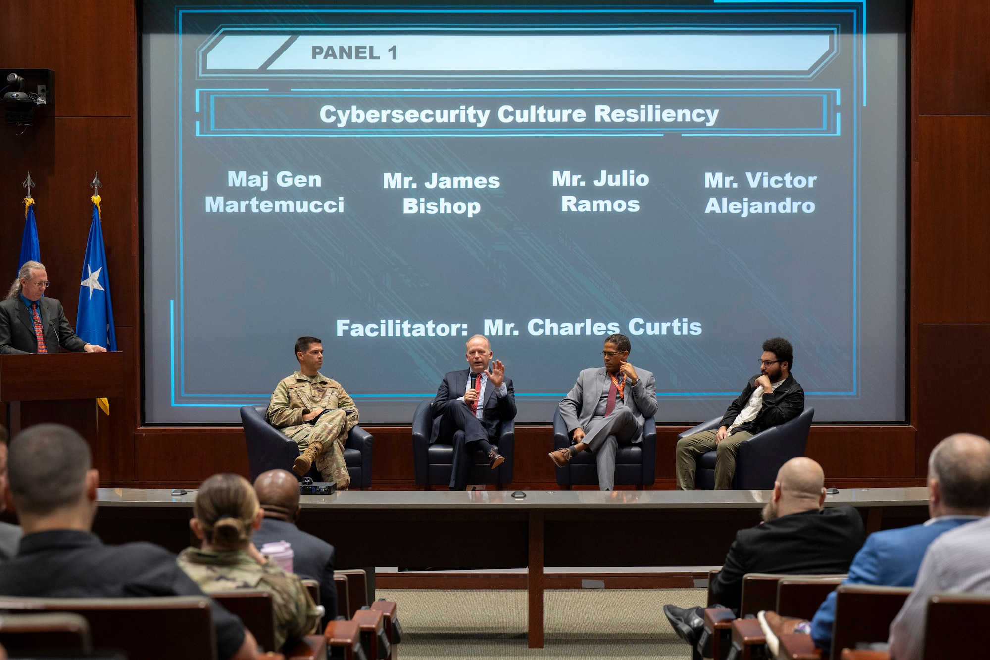 James Bishop (second from left), Department of the Air Force’s Chief Information Security Officer, discusses cybersecurity culture resiliency with audience members at the Air Force Technical Applications Center, Patrick Space Force Base, Fla., Aug. 8, 2024.  Bishop was joined by panel members  Maj. Gen. Matteo Martemucci, the National Security Agency’s Deputy Chief of Central Security Service; Julio Ramos, AFTAC’s CISO; and Victor Alejandro, Technical Director of Integrated Defense for 16th Air Force, at AFTAC’s inaugural Cybersecurity Awareness Day.  (U.S. Air Force photo by Matthew S. Jurgens)