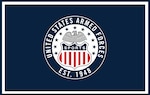 A blue background with white bordering. There is a circular logo with the words "United States Armed Forces Sports" around the edge of the center. It also says established 1948.