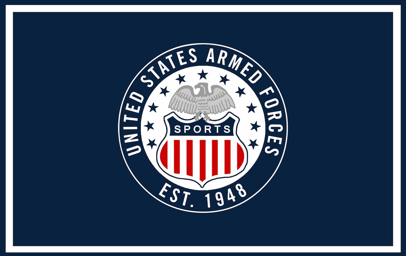 A blue background with white bordering. There is a circular logo with the words "United States Armed Forces Sports" around the edge of the center. It also says established 1948.