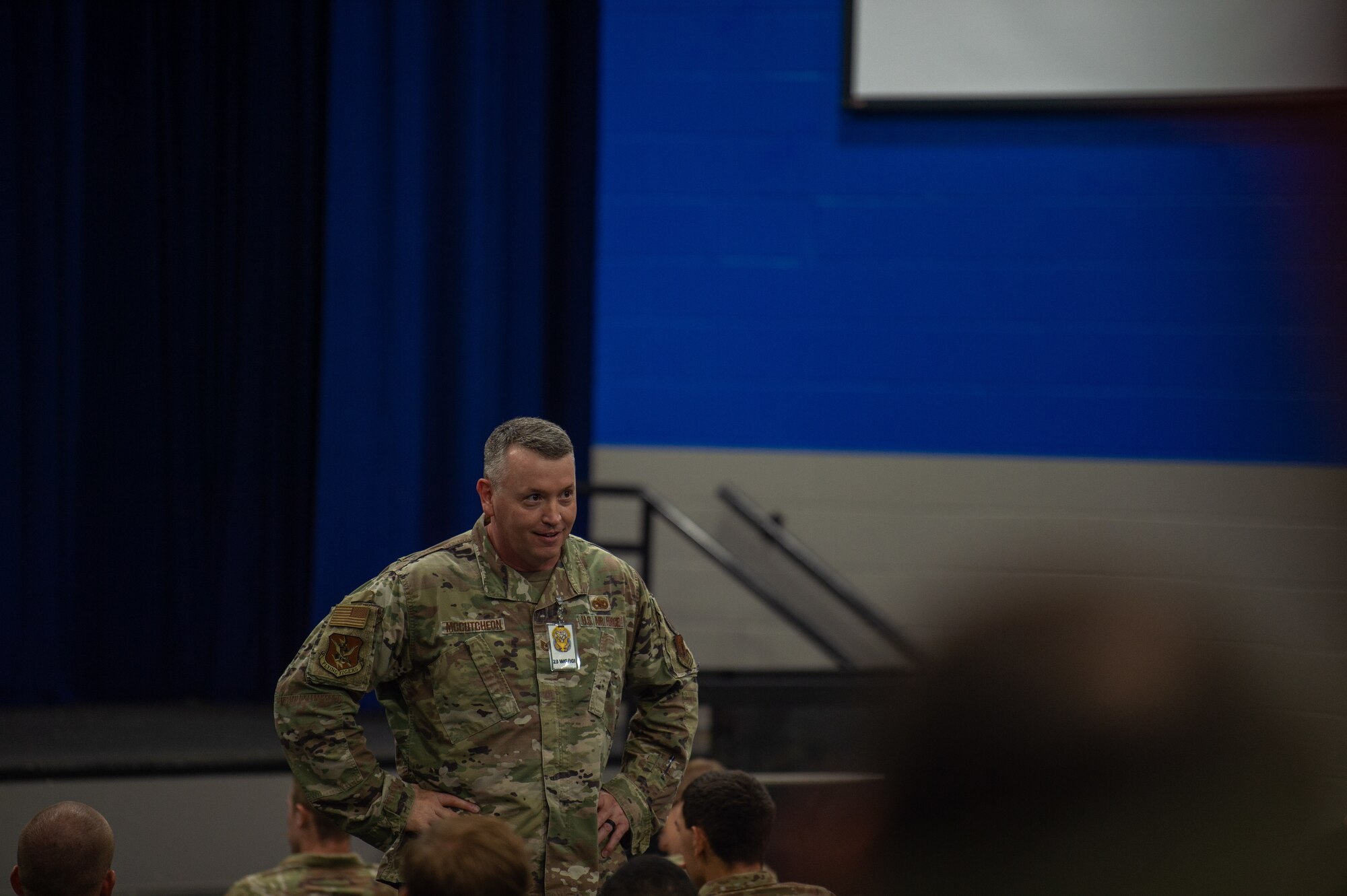 U.S. Air Force Tech. Sgt. Dustin McCutcheon, 23rd Wing Inspector General non-commissioned officer in charge, gives a brief to CBRN Rodeo participants at Moody Air Force Base, Georgia, August 12, 2024. The CBRN Rodeo consists of four stations that challenge an Airman’s knowledge on specific tasks. (U.S. Air Force photo by Airman 1st Class Iain Stanley)