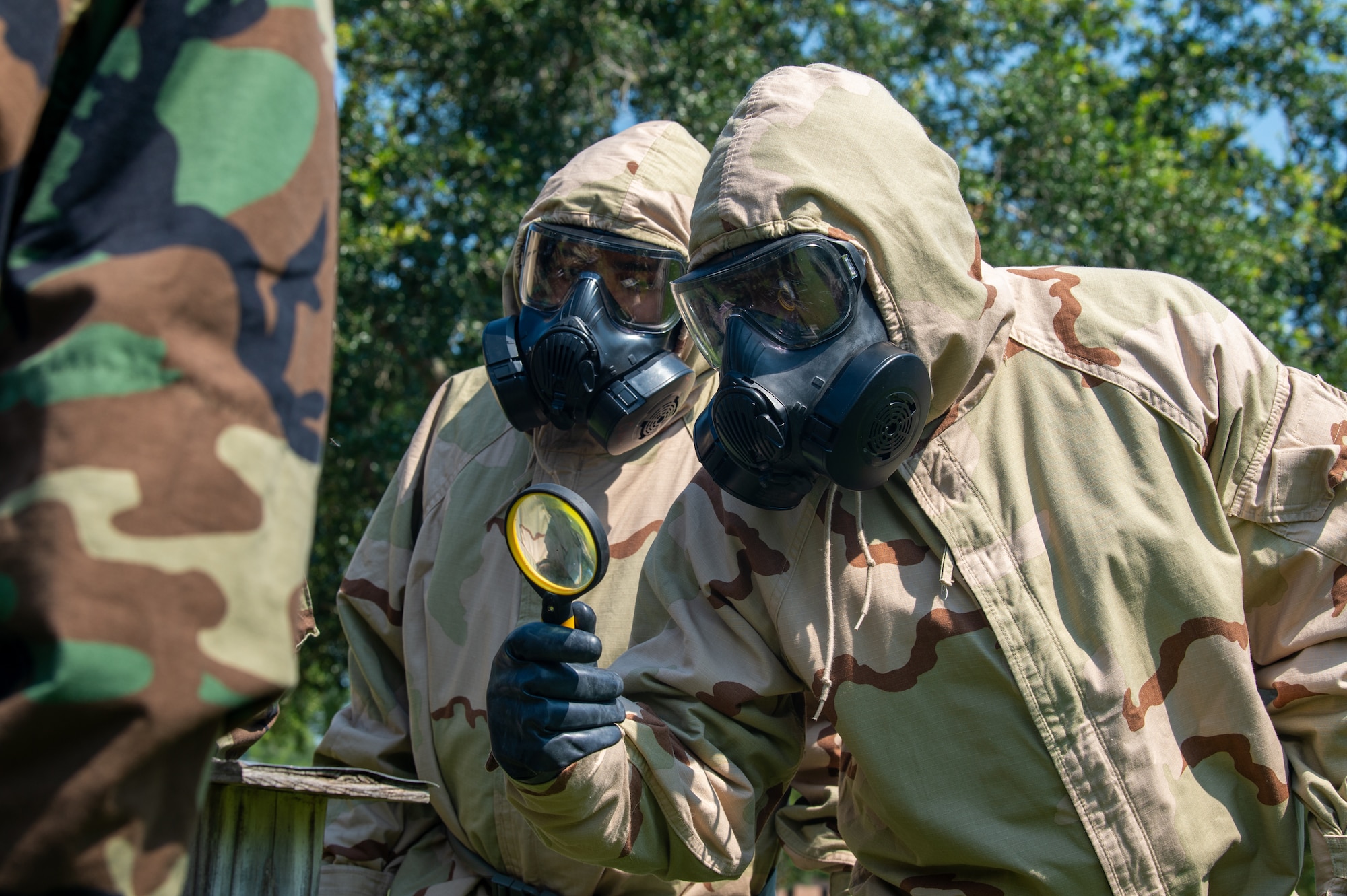 U.S. Air Force Airmen assigned to Moody Air Force Base participate in a CBRN Rodeo at Moody Air Force Base, Georgia, August 12, 2024. This post attack recon route consisted of reading out contaminated stations or damaged buildings. (U.S. Air Force photo by Airman 1st Class Iain Stanley)
