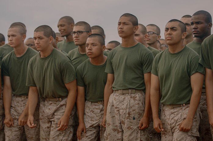 U.S. Marine Corps recruits with Fox Company, 2nd Recruit Training Battalion, prepare to execute an 880-yardmeter sprint during a combat fitness test at Marine Corps Recruit Depot San Diego, California, Aug. 1, 2024. The CFT is an annual fitness test that is required of all Marines to pass and maintain consisting of an 880-yard sprint, ammunition can lifts, and a maneuver under fire drill. (U.S. Marine Corps photo by Cpl. Elliott A. Flood-Johnson)