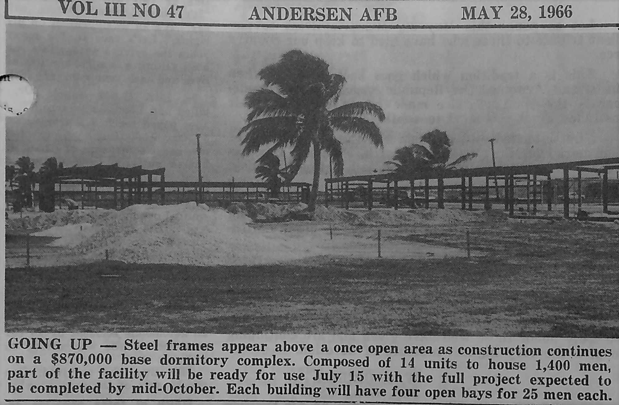 An Andersen Air Force Base newspaper (circa. 1975) reports of Andersen Airmen's work on the “Tin City” barracks used by Vietnam War refugees during Operation New Life. (Photo courtesy of the 36th Wing History Office)