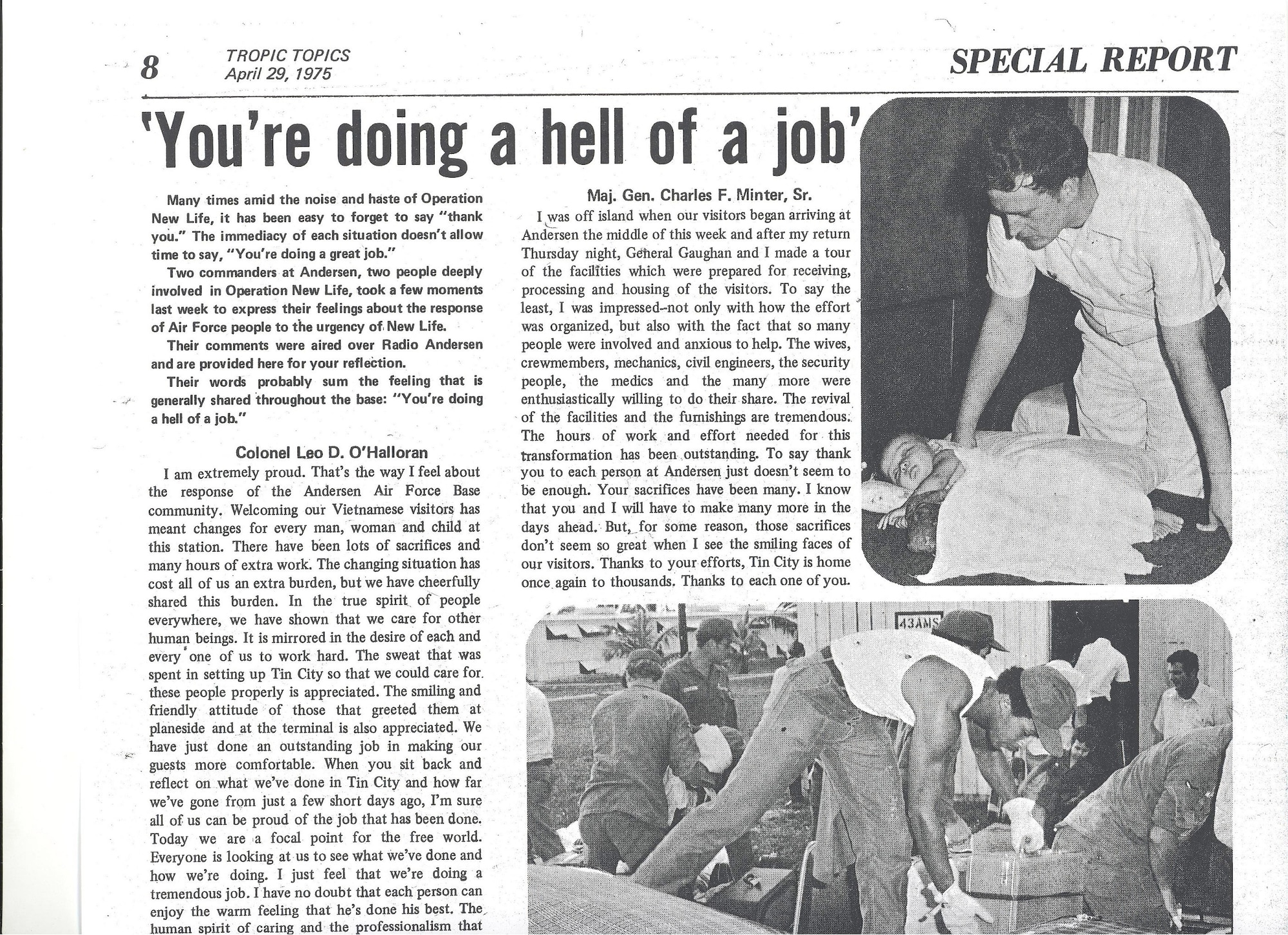 An Andersen Air Force Base newspaper (circa. 1975) reports of Andersen Airmen's work on the “Tin City” barracks used by Vietnam War refugees during Operation New Life. (Photo courtesy of the 36th Wing History Office)