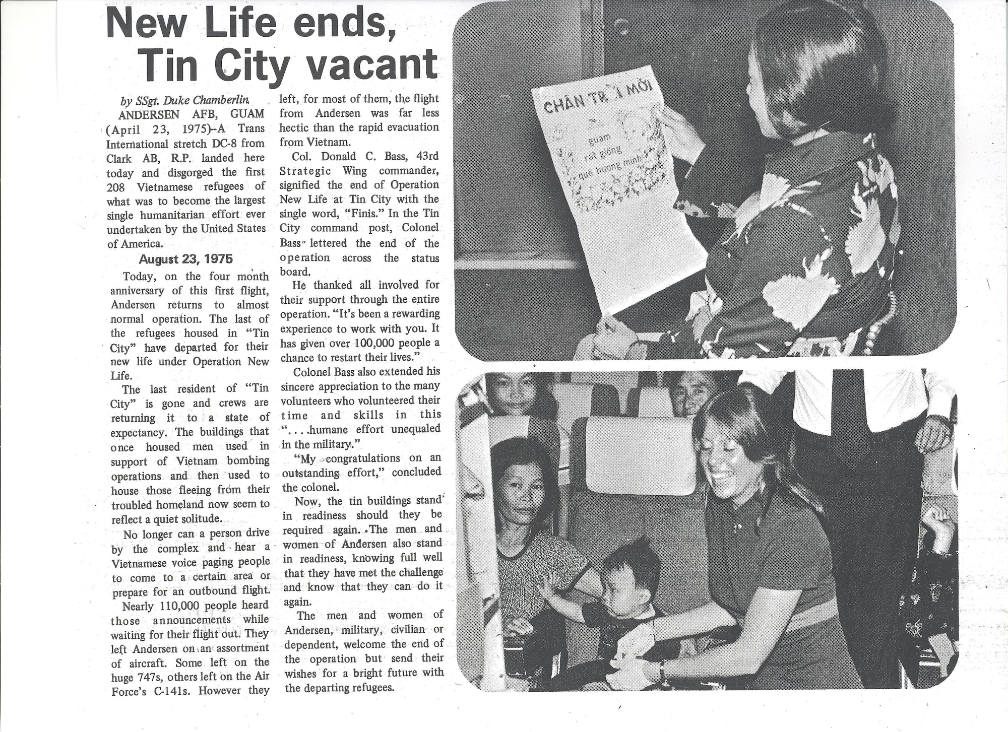 An Andersen Air Force Base newspaper (circa. 1975) reports about the vacancy of the “Tin City” barracks used by Vietnam War refugees during Operation New Life. (Photo courtesy of the 36th Wing History Office)