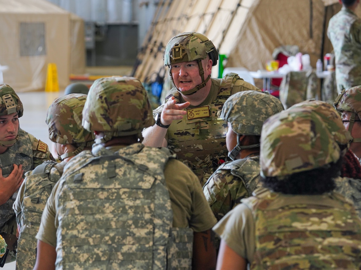 U.S. Air Force Master Sgt. Vincent Gowing, 9th Security Forces protection superintendent, directs a Post-attack Reconnaissance (PAR) Team at Edwards Air Force Base, California, Aug. 8, 2024.