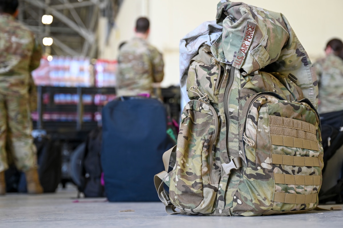 A backpack sits on the ground during exercise AGILE FLAG 24-3 at Edwards Air Force Base, California, on Aug. 2. 2024.