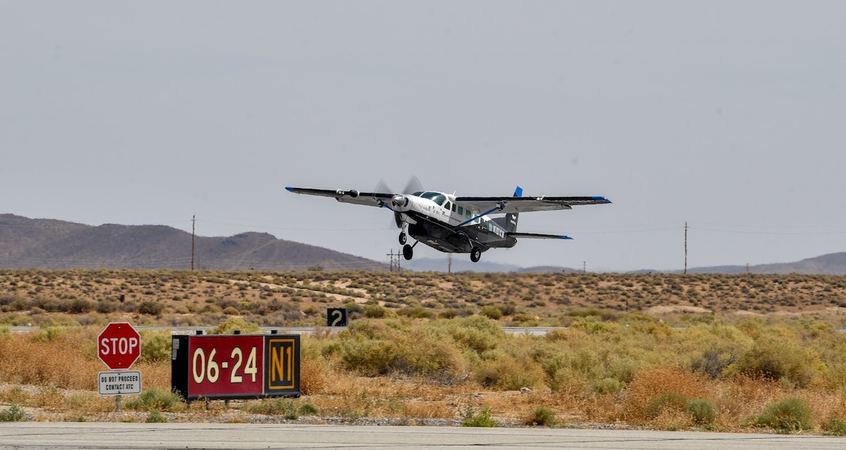 Joby, an AFWERX Autonomy Prime partner, takes off from Edwards Air Force Base, Calif., in its autonomous Cessna 208B Grand Caravan to deliver cargo to Southern California Logistics Airport in Victorville, Calif., during AGILE FLAG 24-3 on Aug. 7, 2024.