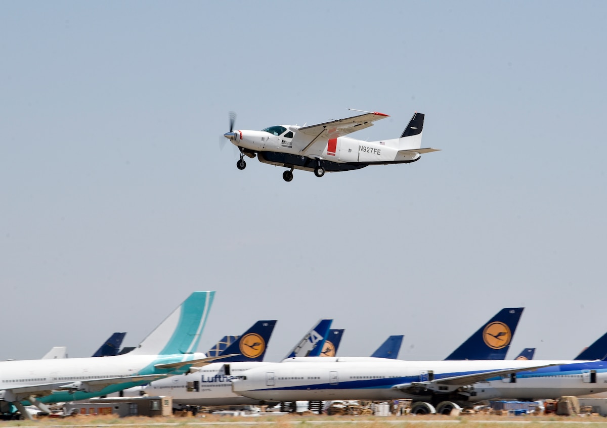 Reliable Robotics, an AFWERX Autonomy Prime partner, takes off from Mojave Air and Space Port, Calif., in its autonomous Cessna 208B Grand Caravan to deliver cargo to Travis Air Force Base, Calif., during AGILE FLAG 24-3 Aug. 8, 2024.