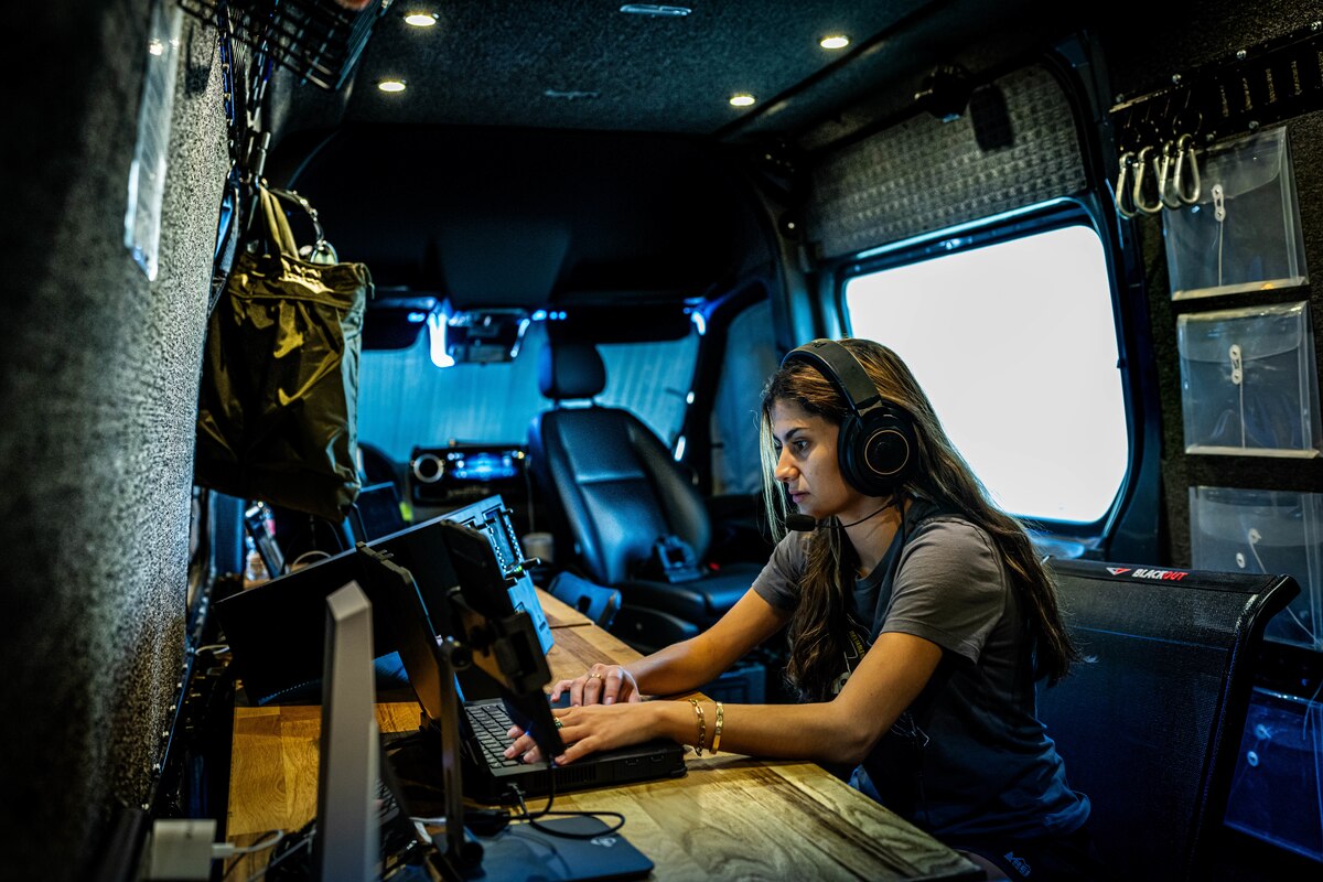 Danah Tommalieh, Reliable Robotics human systems integration engineer, monitors an autonomous flight from the Reliable Robotics ground control station during AGILE FLAG 24-3 at Mojave Air and Space Port, Calif., Aug. 7, 2024.