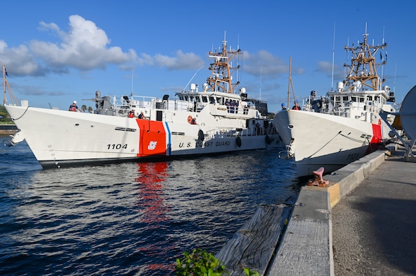 The Coast Guard Cutter Robert Yered moors alongside the Coast Guard Cutter Bernard C. Webber at Base Miami Beach on August 14, 2024. The crew of the Yered proceeded to offload approximately 1,380 pounds of cocaine for destruction. (U.S. Coast Guard photo by Petty Officer 3rd Class Nicholas Strasburg)