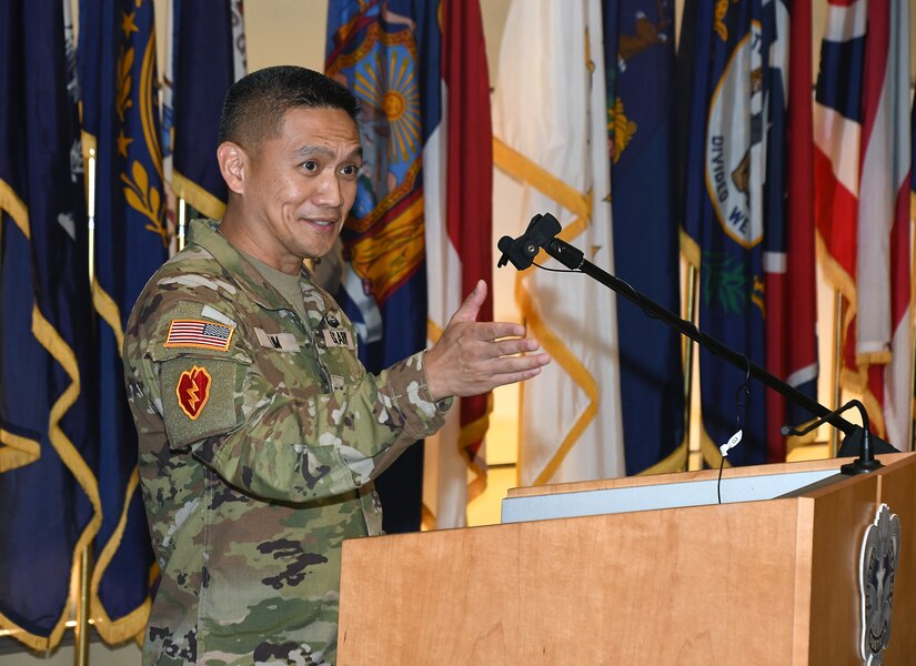 Col. Joselito “Joe” Lim, incoming commander of the U.S. Army Medical Materiel Agency, speaks during USAMMA’s change of command ceremony Aug. 9 at Fort Detrick, Maryland. Lim most recently served as chief of staff at U.S. Army Medical... (C.J. Lovelace)