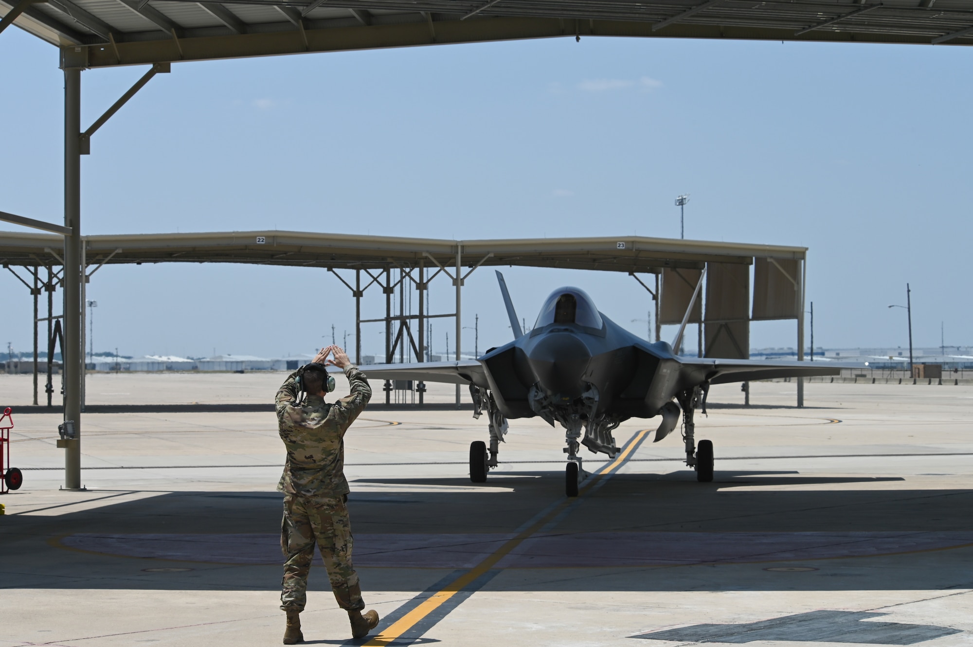 An F-35A Lightning II from Hill Air Force Base, Utah arrives to the flightline at Naval Air Station Joint Reserve Base Fort Worth, Texas, Aug. 8, 2024.