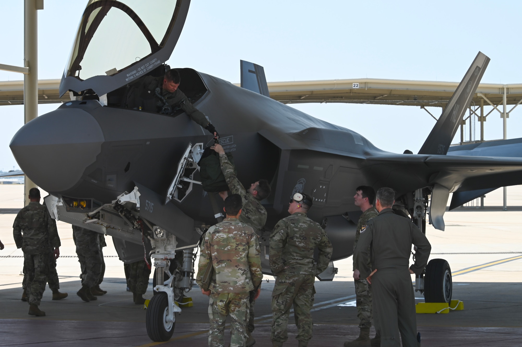 An F-35A Lightning II from Hill Air Force Base, Utah arrives under a canopy at Naval Air Station Joint Reserve Base Fort Worth, Texas, Aug. 8, 2024.