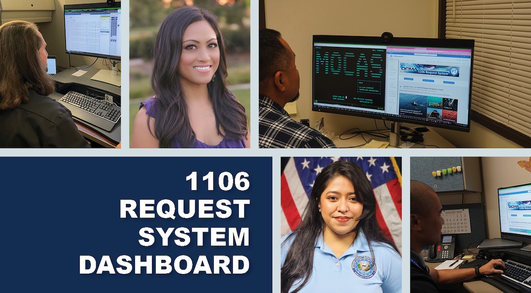 Photos of people at their computer utilizing the updated 1106 Request System, along with profile shots of people responsible for the updated system.