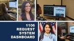 Photos of people at their computer utilizing the updated 1106 Request System, along with profile shots of people responsible for the updated system.
