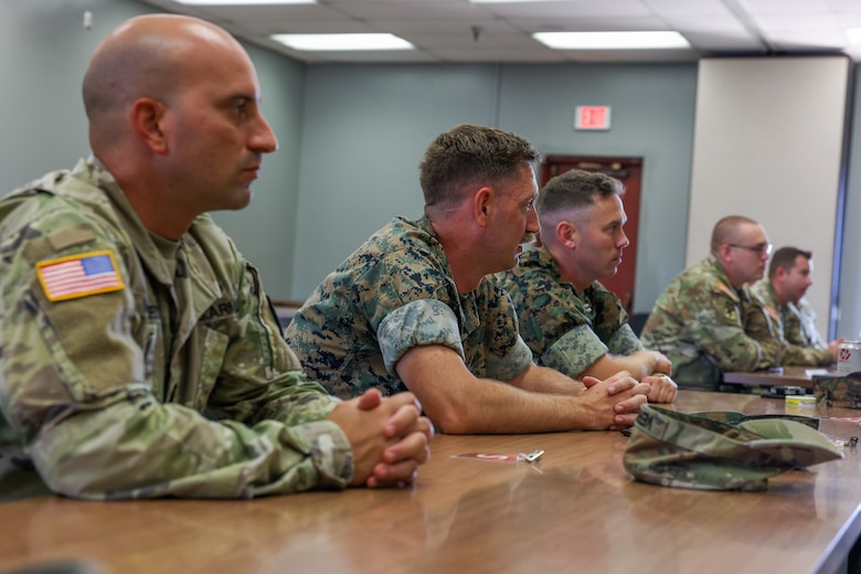 U.S. Marines and Soldiers attend an end of course discussion during the Air Defense Artillery Fire Control Officer course at Marine Corps Base Camp Pendleton, California, July 25, 2024. Marine Air Support Squadron 3 hosted its first three-week U.S. Army ADAFCO course, with 10 soldiers and four Marines. The ADAFCO course is designed to teach and develop the necessary skills to integrate Army Air and Missile Defense engagement operations. (U.S. Marine Corps photo by Lance Cpl. Jennifer Sanchez)