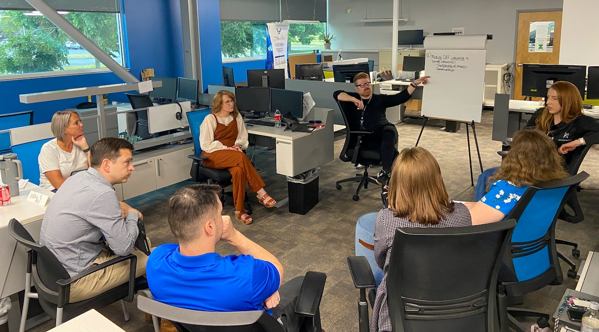 Teams from across AFWERX met in person for a process improvement off-site event to focus on making critical changes to the Open Topic program in Dayton, Ohio, June 25-26, 2024. The two-day exercise incorporated AFWERX cross-divisional teams to address the solicitation schedule, automation needs and additional requirements. (U.S. Air Force photo / Lt. Col. Carrie Kessler)
