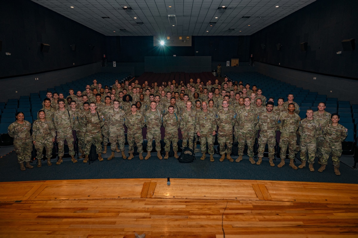 Chief Master Sergeant of the Space Force John F. Bentivegna and Guardians from the 533rd Training Squadron Det 2 pose for a photo during a Guardian all-call at Keesler Air Force Base, Mississippi, Aug. 9, 2024.
