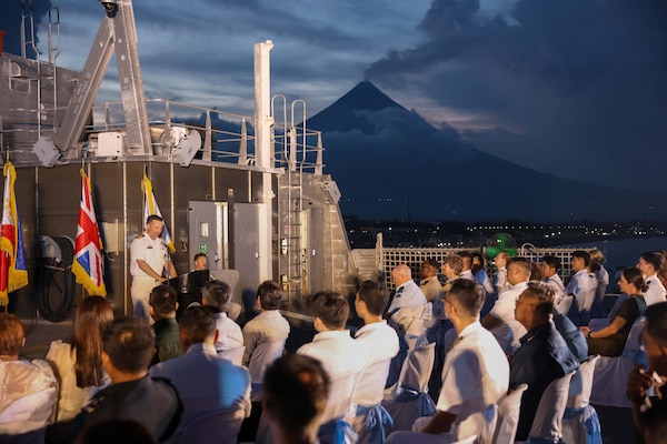U.S. Navy Capt. Daniel Keeler, the Pacific Partnership 2024-2 (PP24-2) mission commander, gives remarks at the PP24-2 Philippines mission stop closing ceremony onboard the expeditionary fast transport ship USNS City of Bismarck (T-EPF 9) in Legazpi, Philippines, Aug. 13, 2024.